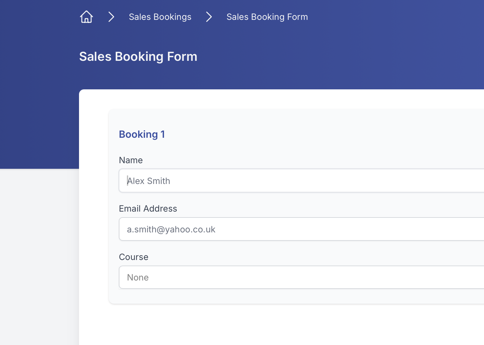 MMC sales booking form, taking a delegate’s details for a course
