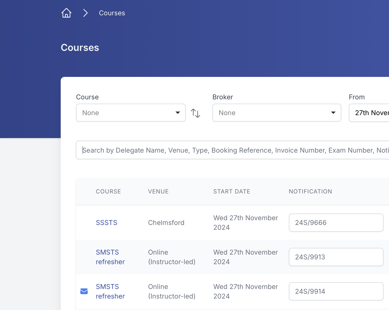 MMC course list with venues, start dates and awarding-body notification numbers