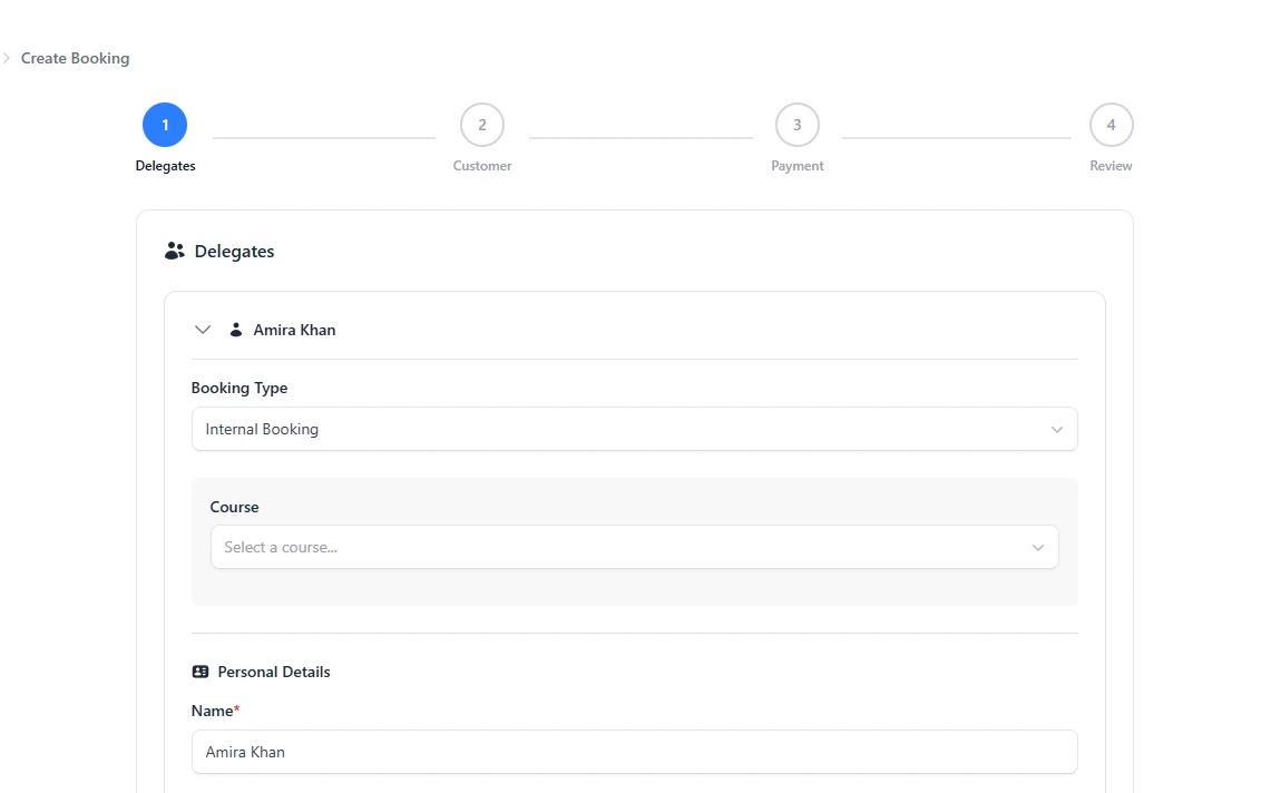 Taking a booking in MMC: delegate, course, customer, payment and review steps