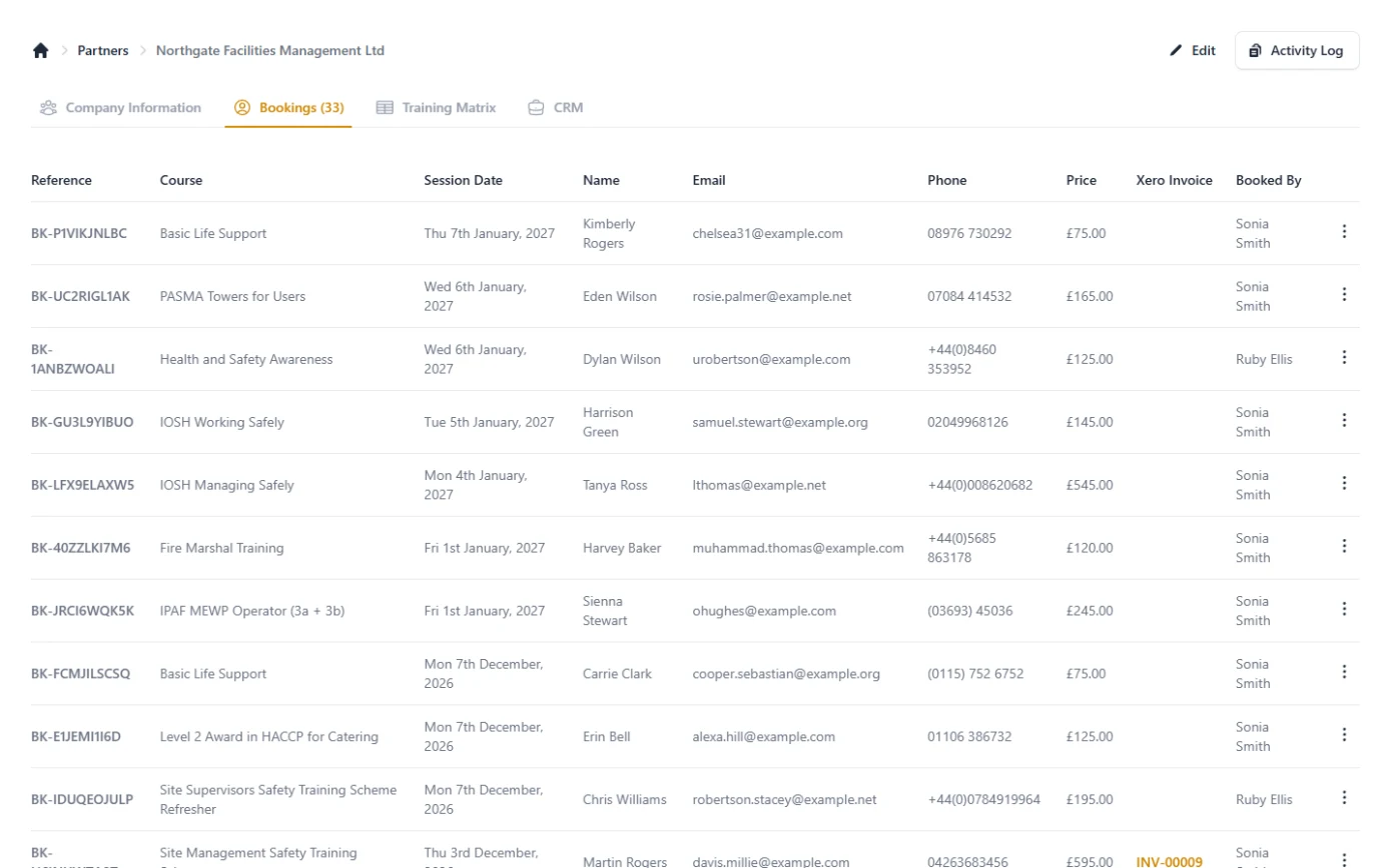 A company client’s bookings in MMC, one row per member of staff booked onto a course