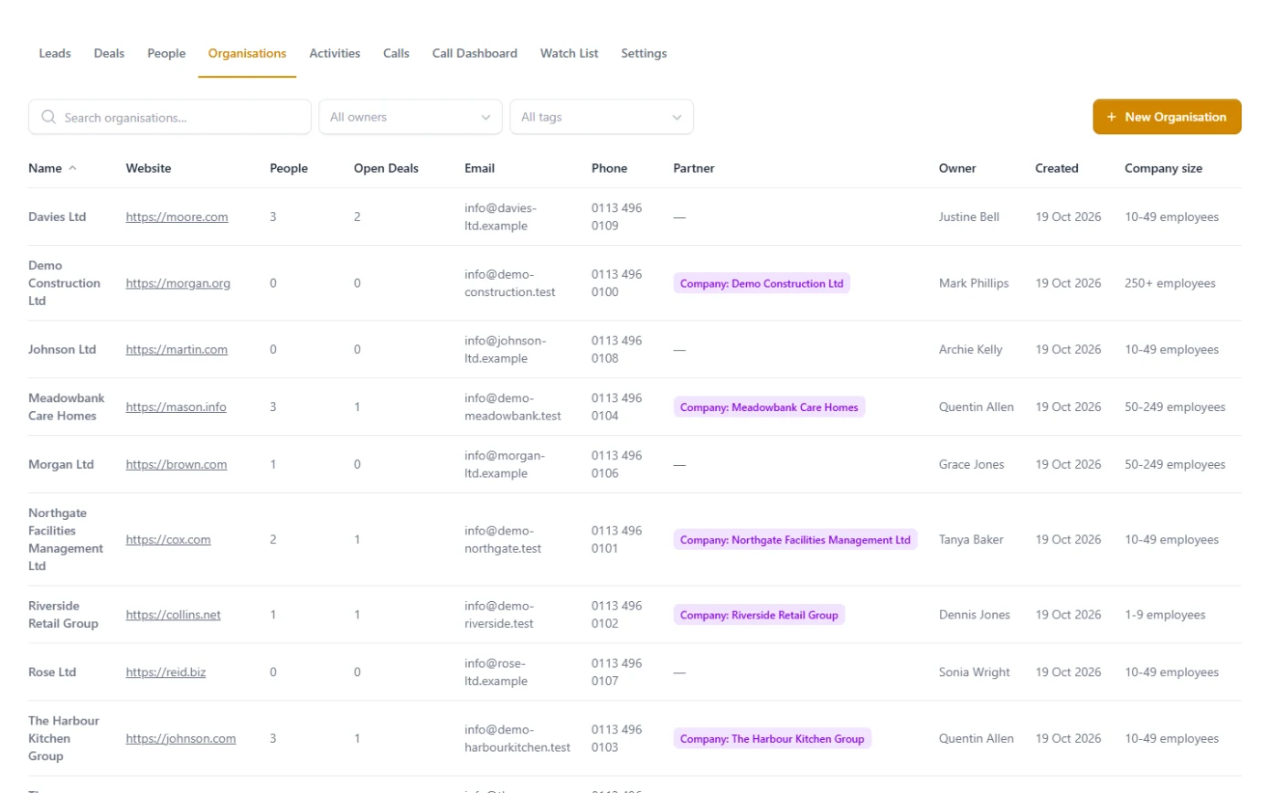 MMC CRM organisations with their open deals, owners and linked company accounts